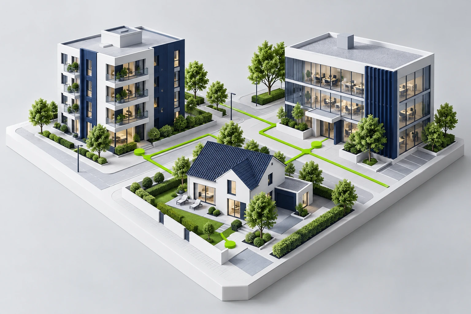 Illustration of broadband reaching homes, apartments and offices